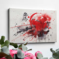 Framed canvas print of abstract red and black ink splash with oriental calligraphy