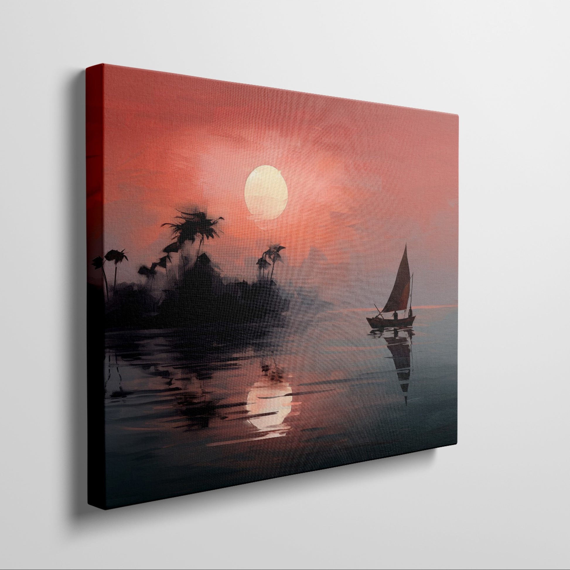 Framed canvas print of a tropical sunset with silhouette of sailboat and palm trees reflection on the water