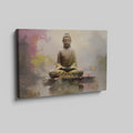 Framed canvas print of a serene Buddha in meditation, with vibrant, reflective water elements and a soft, modern background.