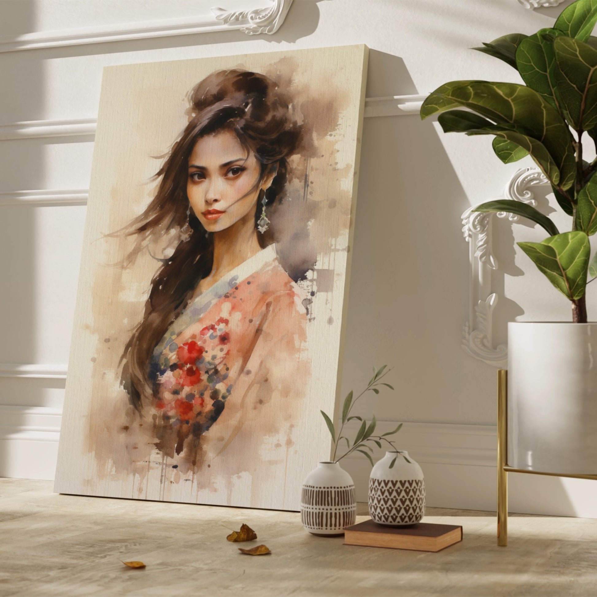 Framed canvas print of an elegant woman in a watercolour style, with a warm palette and floral kimono