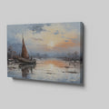 Framed canvas print of impressionist sailboat at sunset with vibrant sky and reflective water