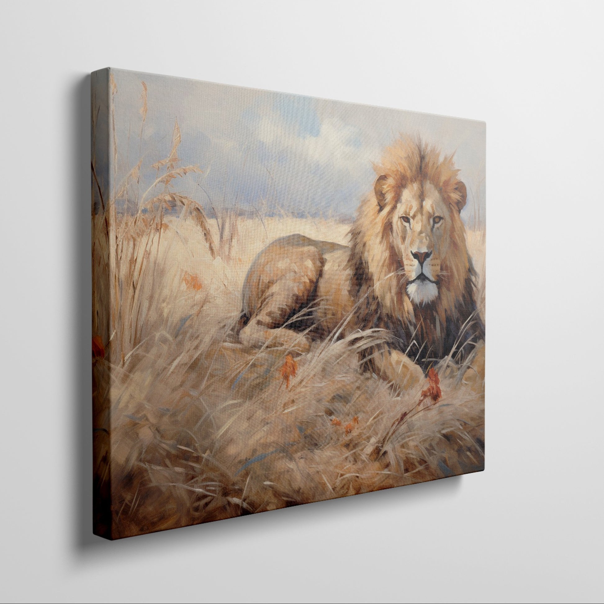 Framed canvas print of a realistic lion lying in the grass of the African savanna, with warm golden tones