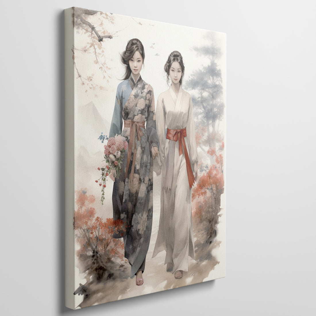 Digital painting of two women in traditional kimonos with cherry blossoms