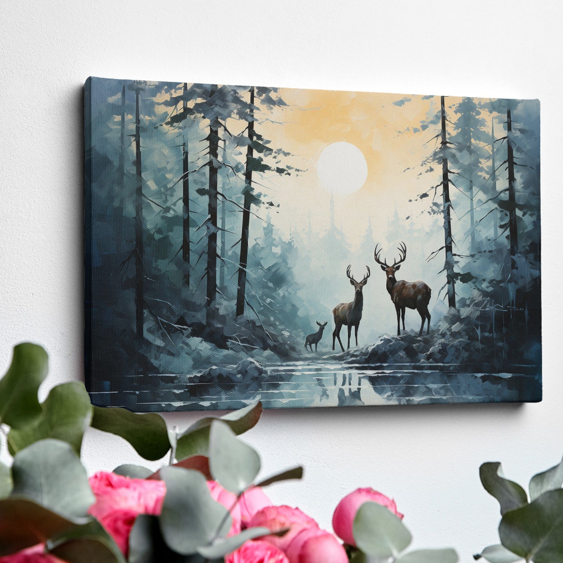 Framed canvas print of a serene forest scene with deer and sunset reflection