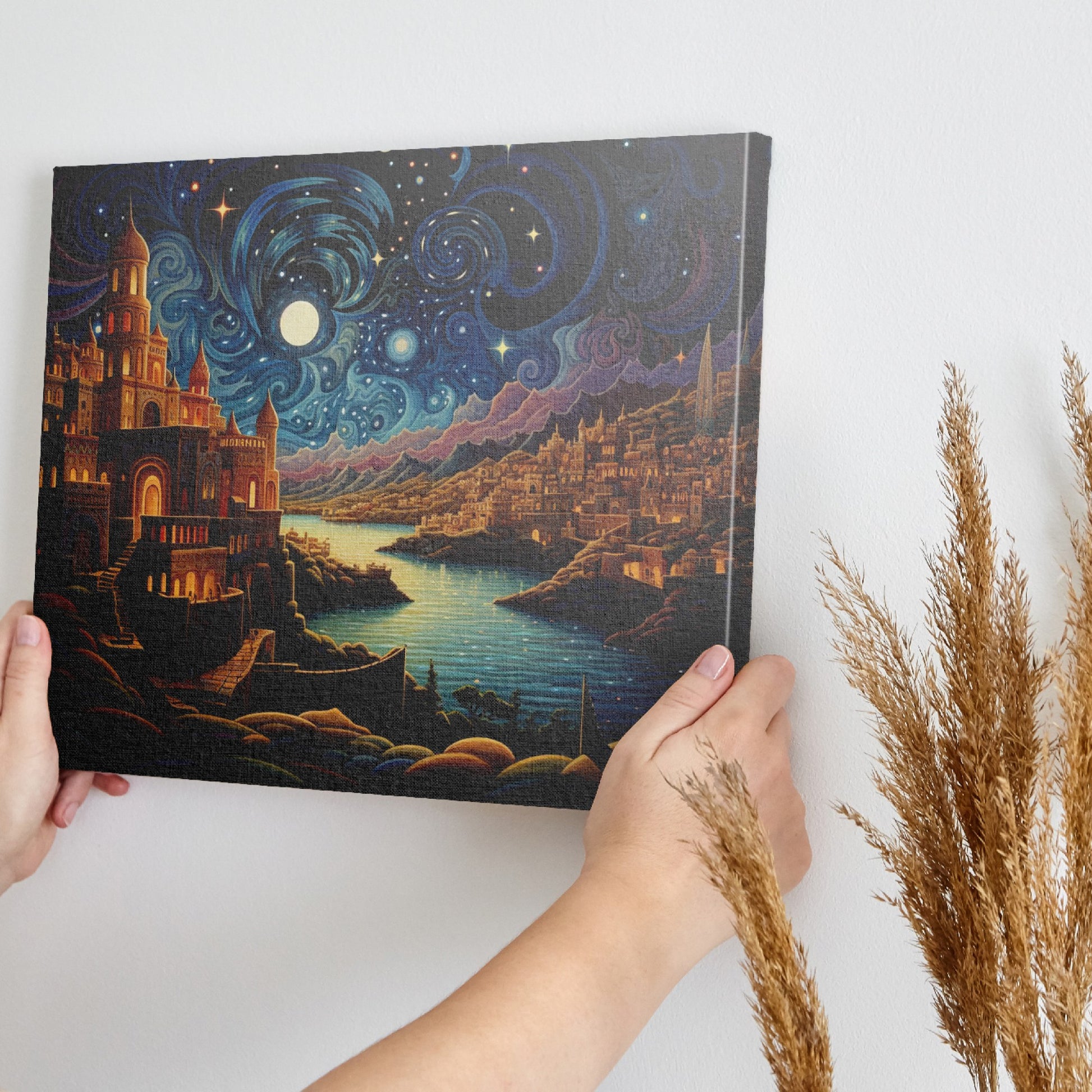 Framed canvas print of a moonlit fantasy cityscape with vibrant colours and a starry night sky