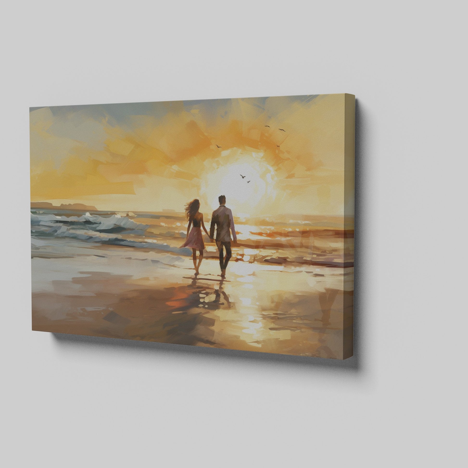 Framed canvas print of romantic couple silhouetted against a vibrant beach sunset