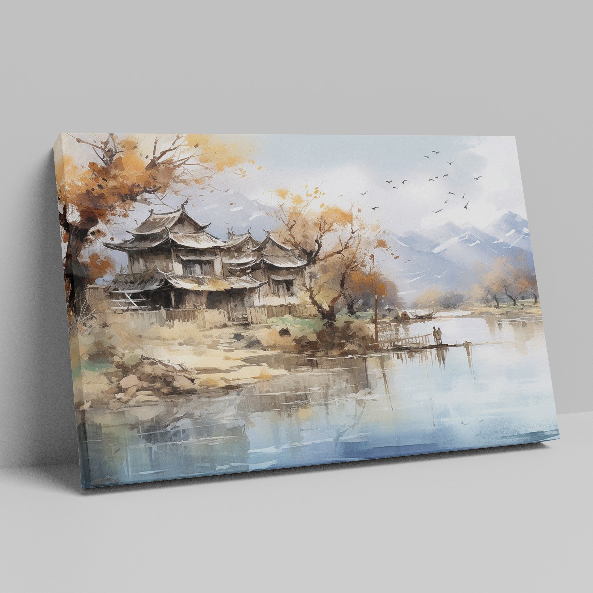 Canvas art of a tranquil oriental landscape with autumnal trees, traditional architecture, calm water, and mountains in the background.