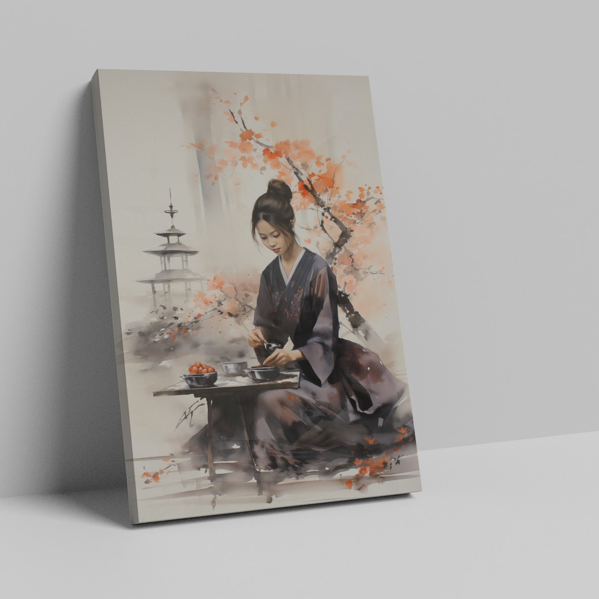 Framed canvas print of a serene Japanese woman in kimono participating in a tea ceremony with cherry blossoms and pagoda in the background