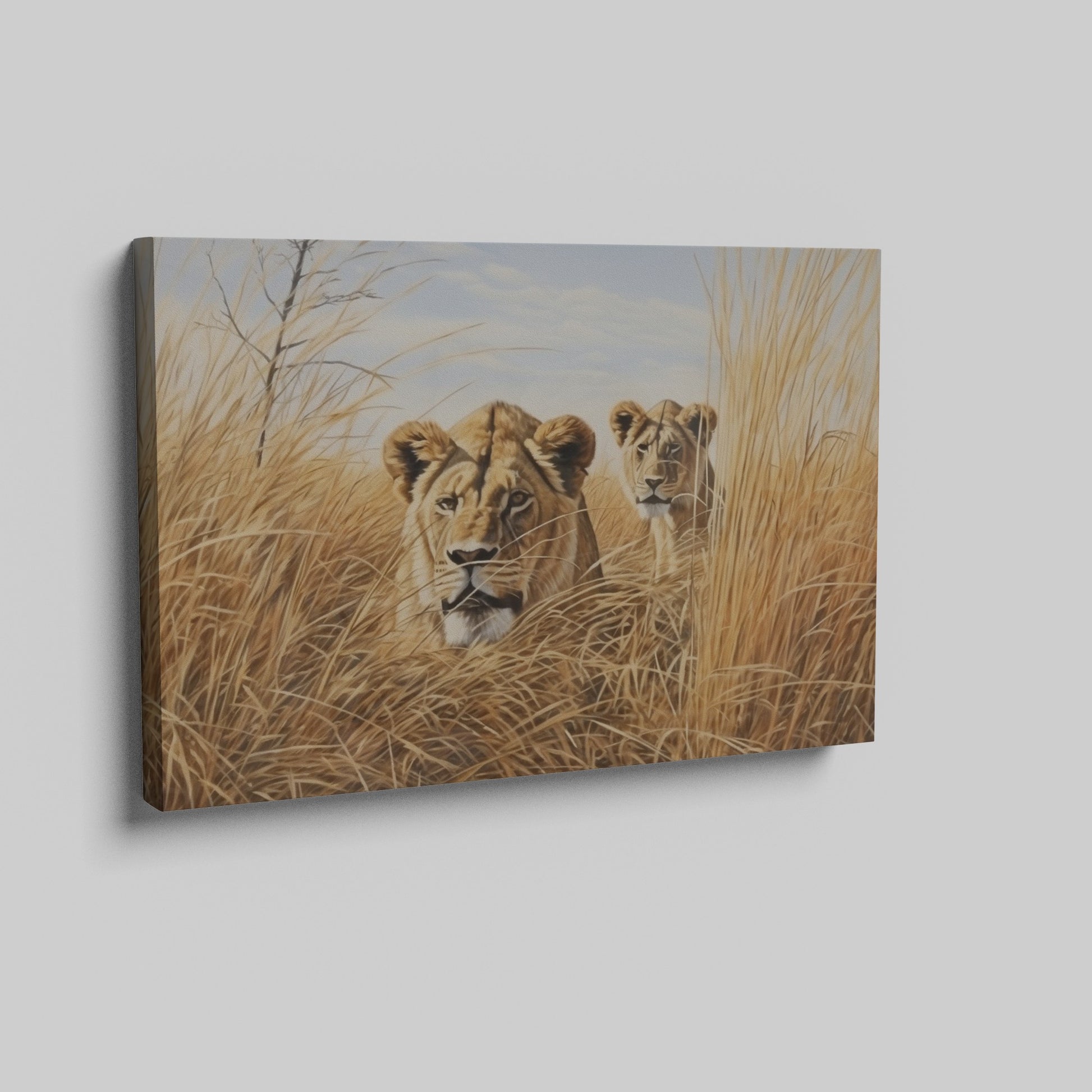 Framed canvas print of two lions in golden savannah grass