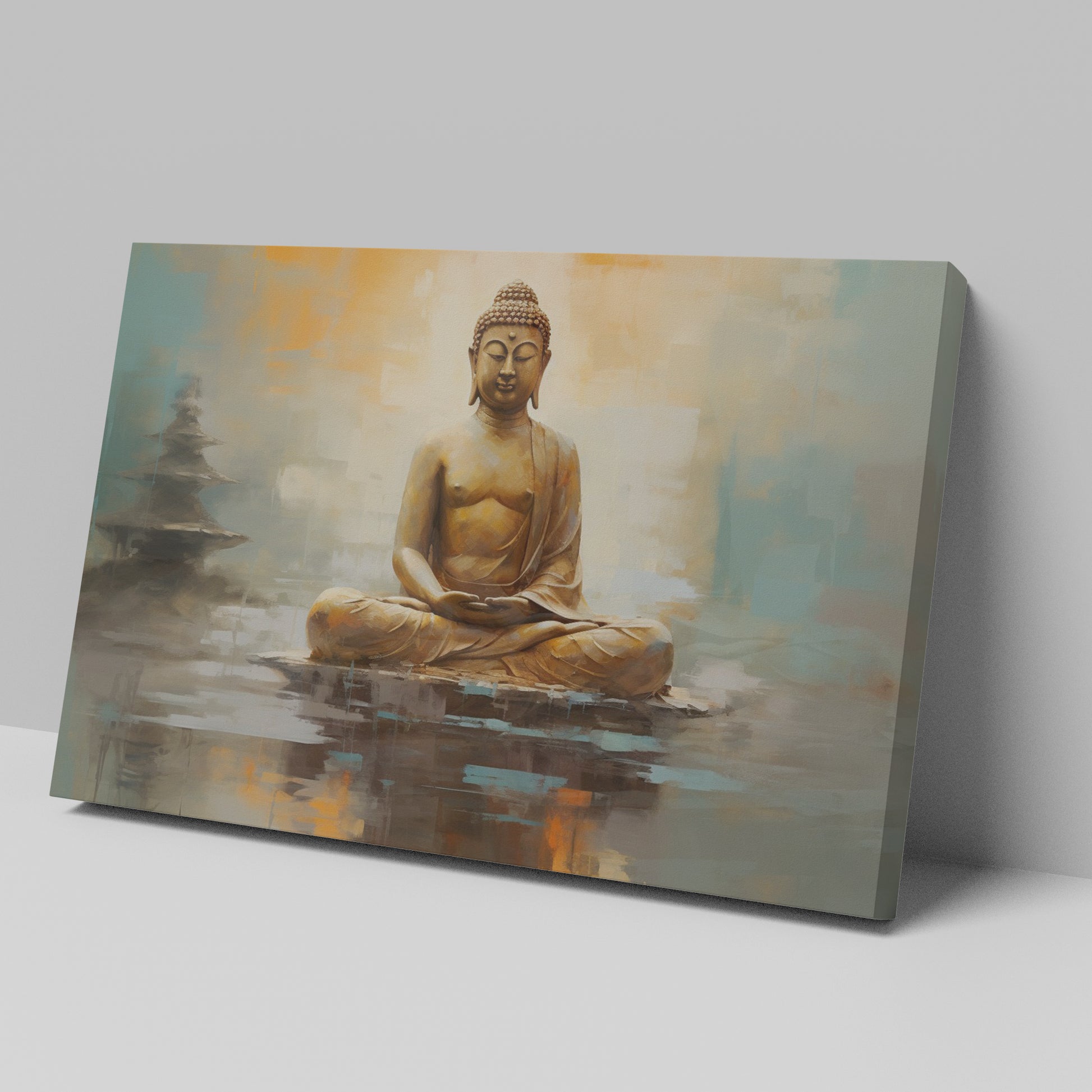 Framed canvas print of a serene Buddha in meditation with warm orange and soft blue abstract background