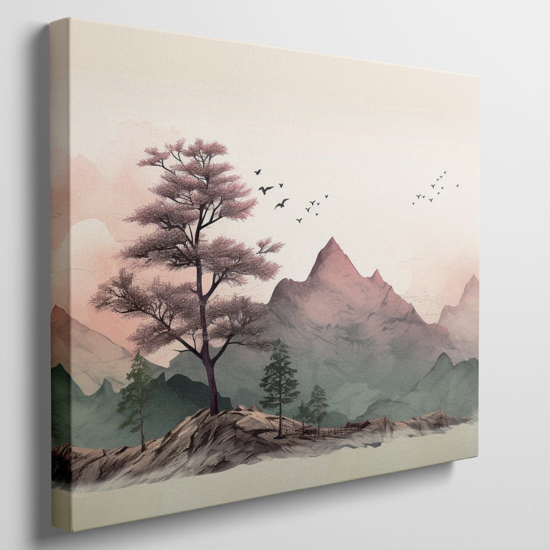 Framed canvas print of a tranquil mountain landscape with pastel colours and cherry blossoms