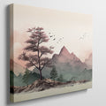 Framed canvas print of a tranquil mountain landscape with pastel colours and cherry blossoms