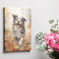 Framed canvas print of a joyful watercolour dog portrait with autumnal tones