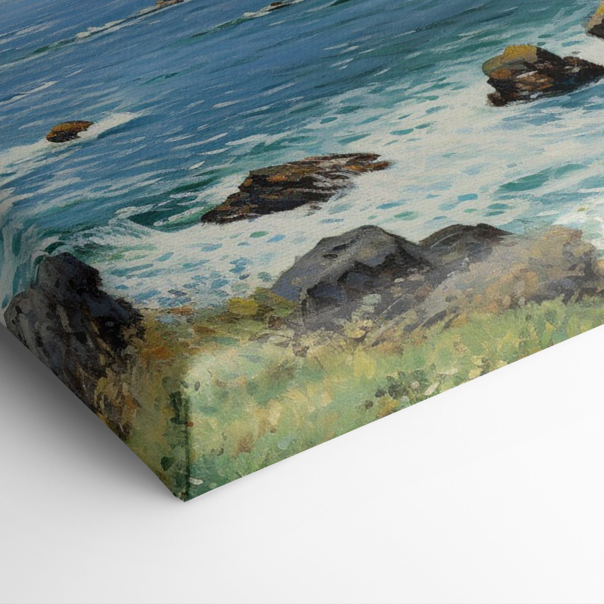 Framed canvas print of a stunning coastal cliff landscape with blue ocean and sunny skies