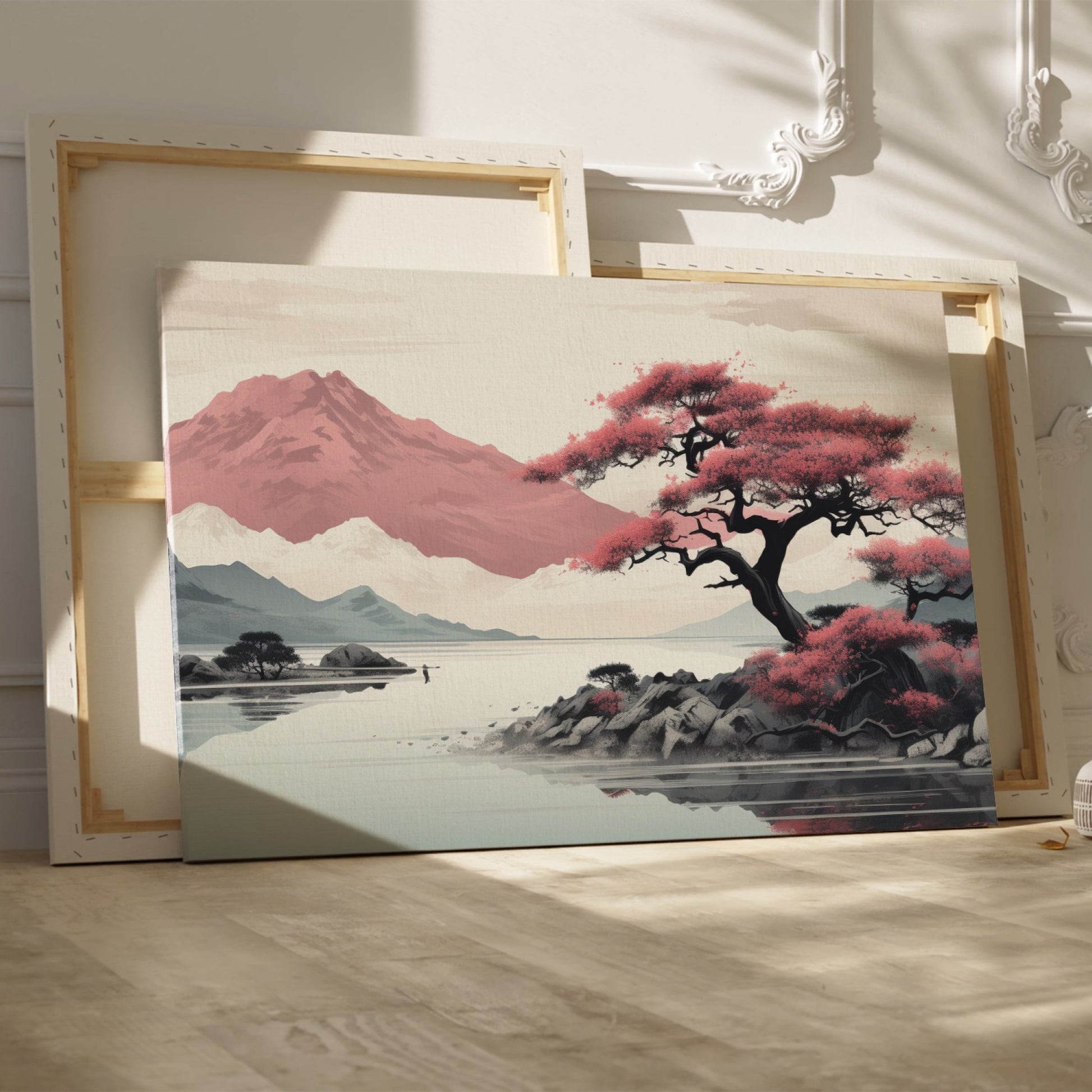 Framed canvas print of a serene mountain landscape with blooming pink sakura trees and tranquil lake