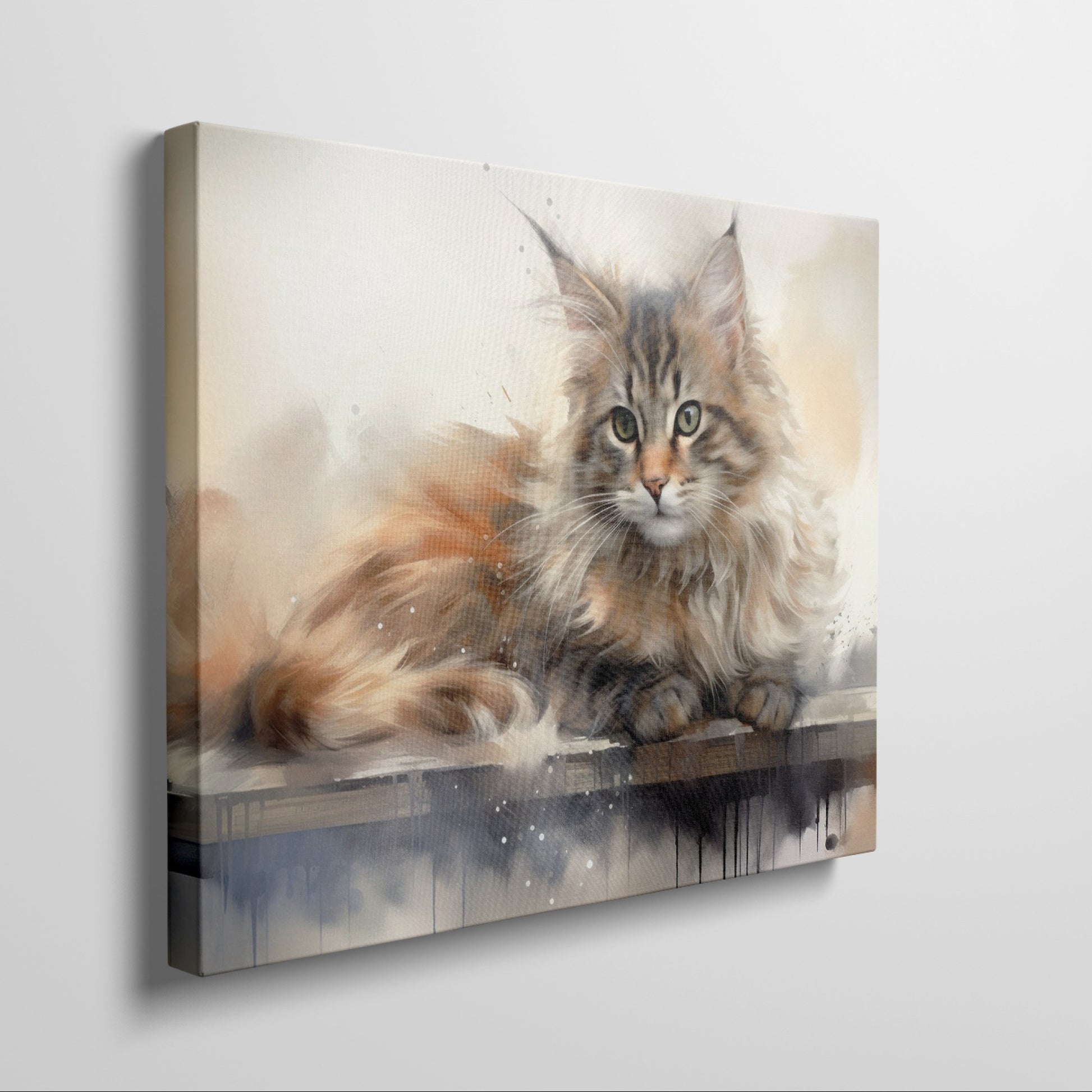 Framed canvas print of a long-haired cat with a watercolor effect in warm tones