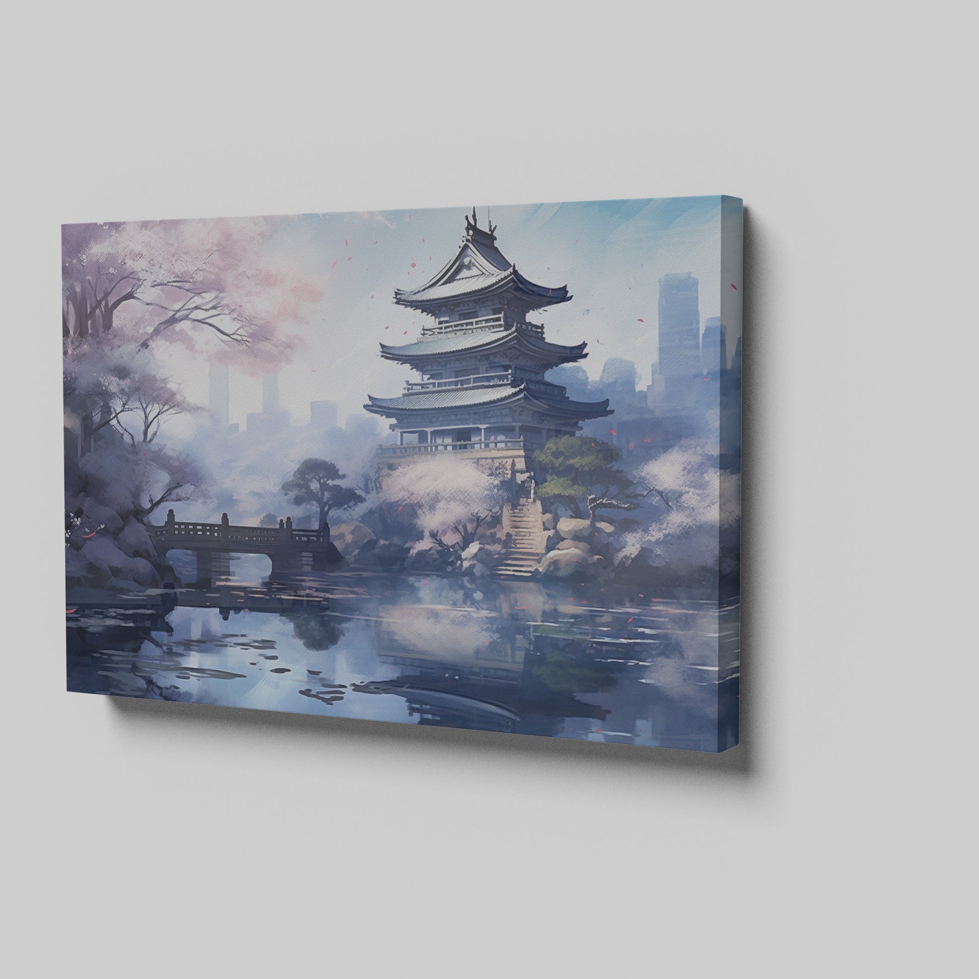 Digital painting of an Asian temple with cherry blossoms and a bridge over a reflective pond