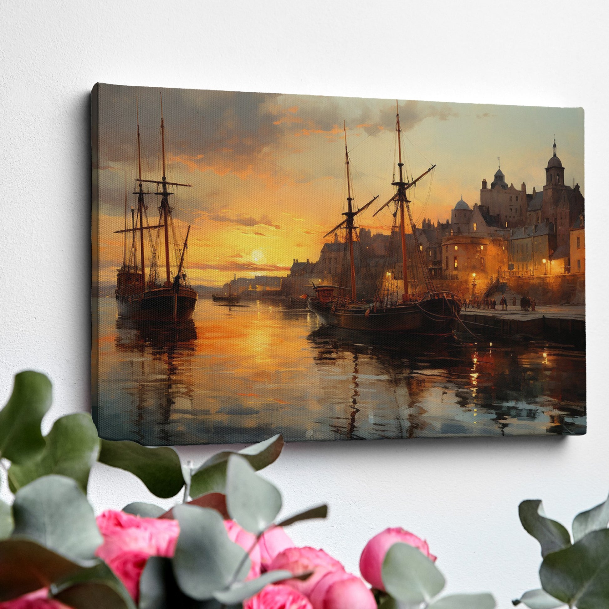 Framed canvas print of a sunset over a historic harbour with vintage ships