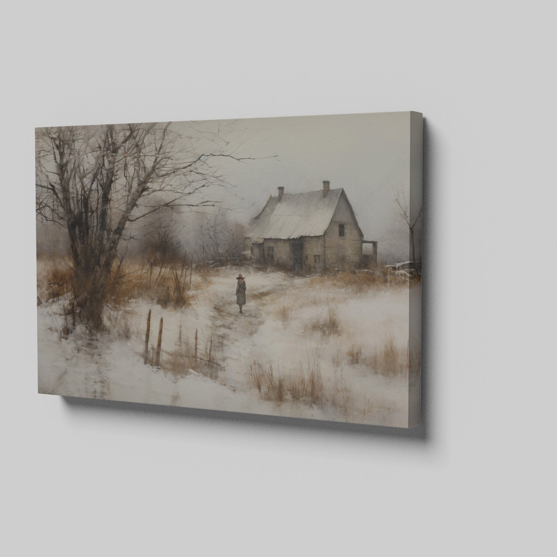 Framed canvas print of a rustic winter scene with a country home and an individual walking by