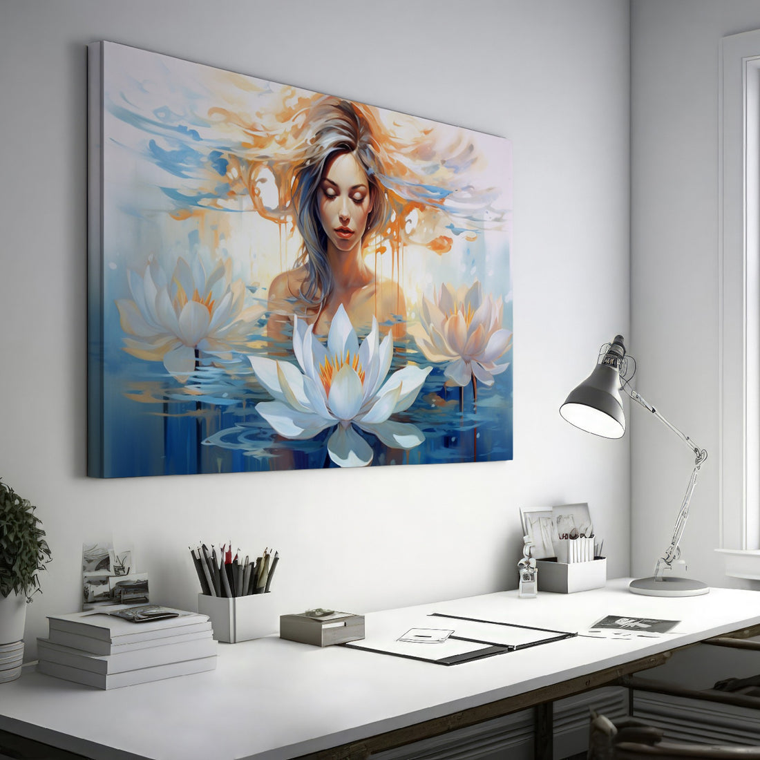 Framed canvas print of an ethereal woman with lotus flowers in serene water