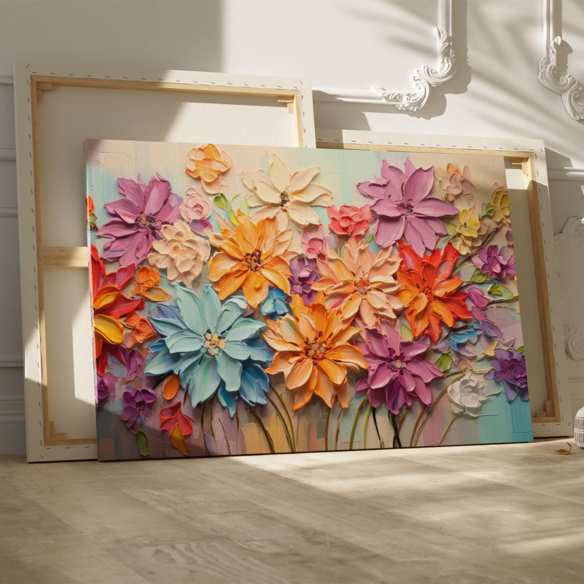 Framed canvas print of vibrant impasto flowers with 3D texture in bright colors