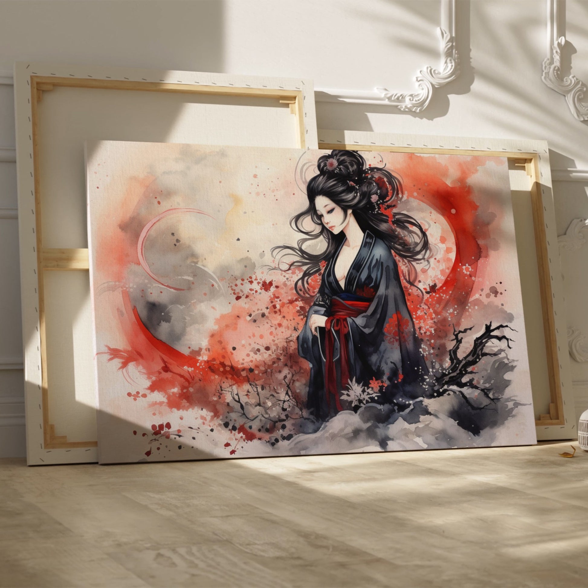 Framed canvas print of a traditional Japanese Geisha in watercolour with a misty backdrop of red and grey