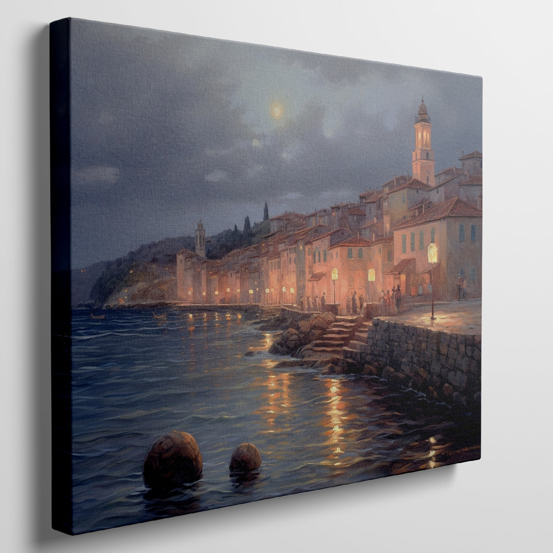 Framed canvas print of a moonlit Mediterranean coastal town with glowing street lamps