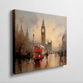 Framed canvas print of an impressionistic London cityscape featuring Big Ben and a red double-decker bus at sunset