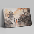 Framed canvas print of traditional Oriental scene with pagodas, cherry blossoms, and ink wash painting style