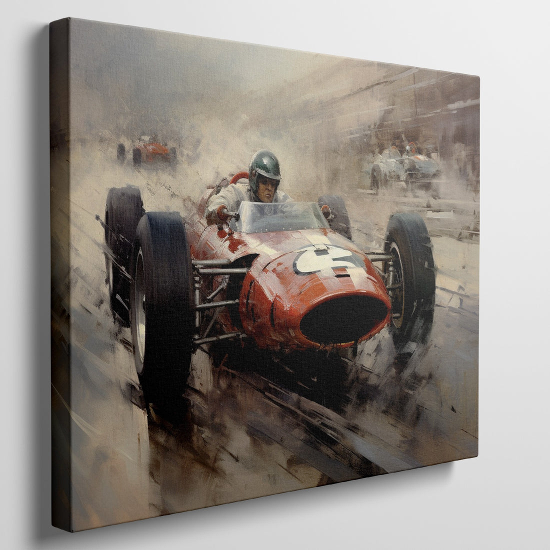 Framed canvas print of a classic Formula One race with vibrant orange racecar in dynamic motion