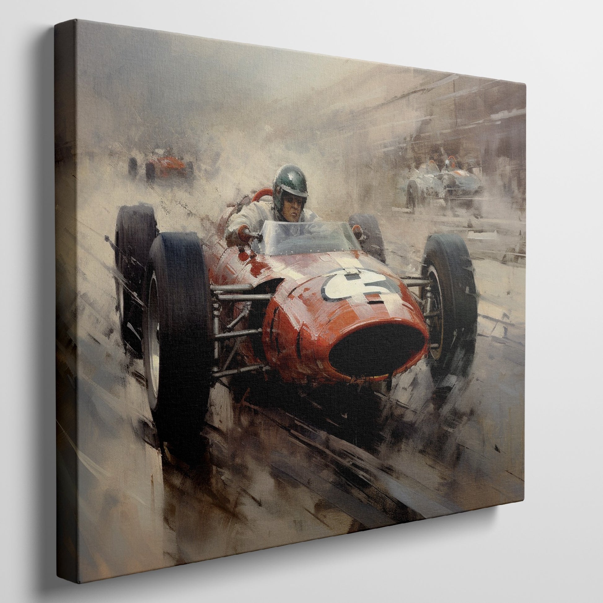 Framed canvas print of a classic Formula One race with vibrant orange racecar in dynamic motion