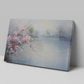 Framed canvas print of impressionist cherry blossoms overlooking a tranquil lake