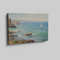 Framed canvas print of an impressionist painting depicting sailing boats on a serene sea beside a coastal cliff