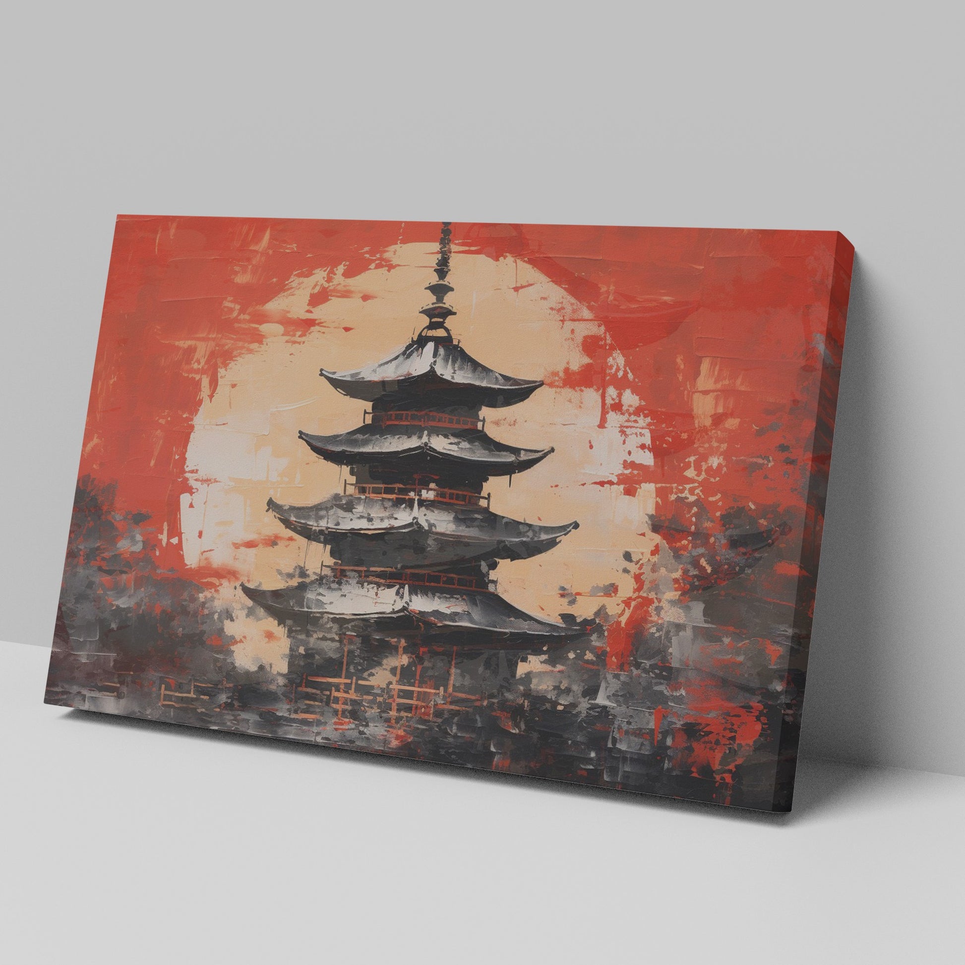 Framed canvas print of abstract Japanese pagoda in bold red and black colours