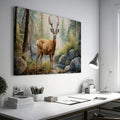 Framed canvas print of realistic deer in a forest with a stream and rocks