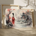 Framed canvas print of an Oriental landscape with a lady in red, cherry blossoms, and a traditional pagoda