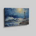 Framed canvas print of a vibrant impasto painting featuring a lighthouse at sunset with dynamic ocean waves