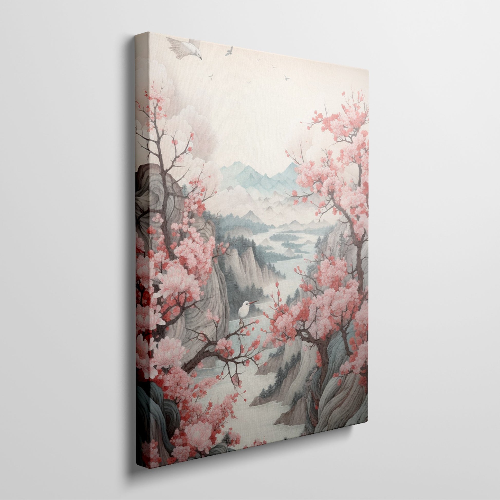 Framed canvas print of oriental landscape with cherry blossoms and birds over tranquil mountains