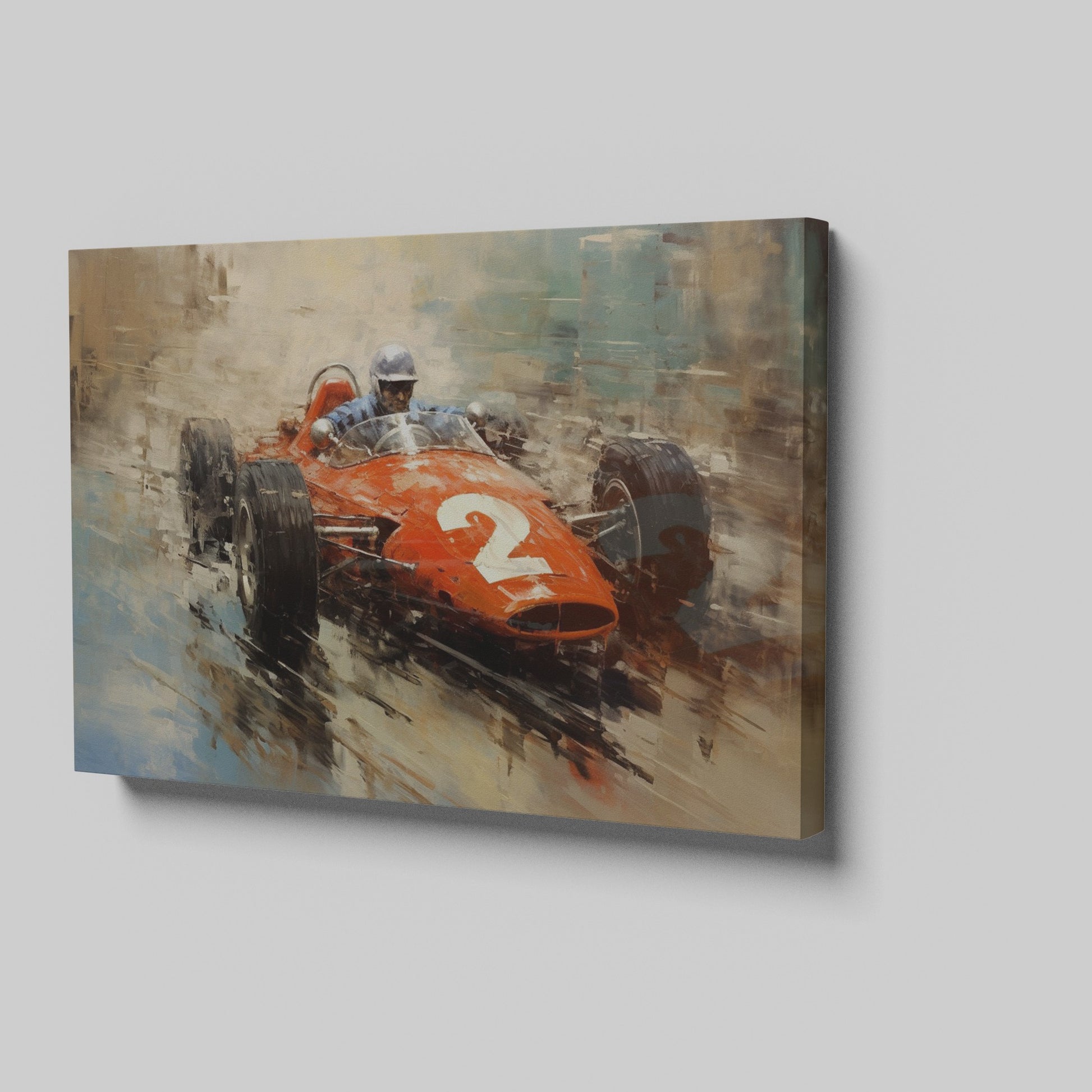 Framed canvas print of a vintage racing car in impressionistic style