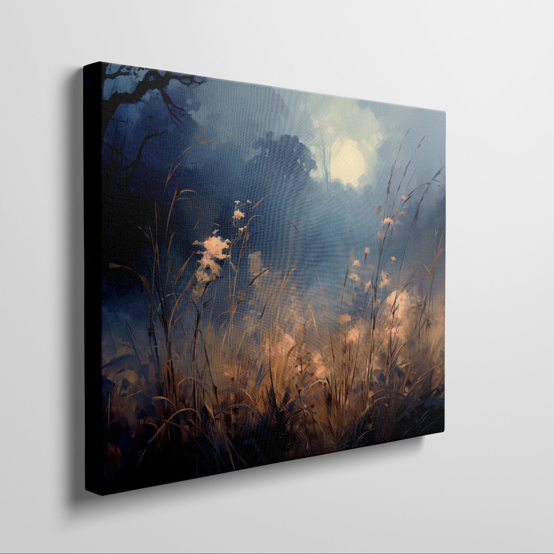 Framed canvas print of an impressionist landscape depicting a misty wilderness at sunrise with a blue and gold colour scheme