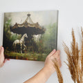 Framed canvas print of a nostalgic vintage carousel horse infront of a forgotten carousel