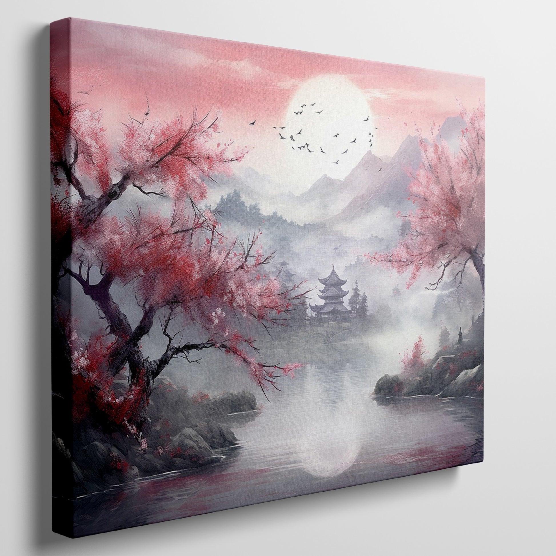 Framed canvas print of Oriental landscape with cherry blossoms and pagoda