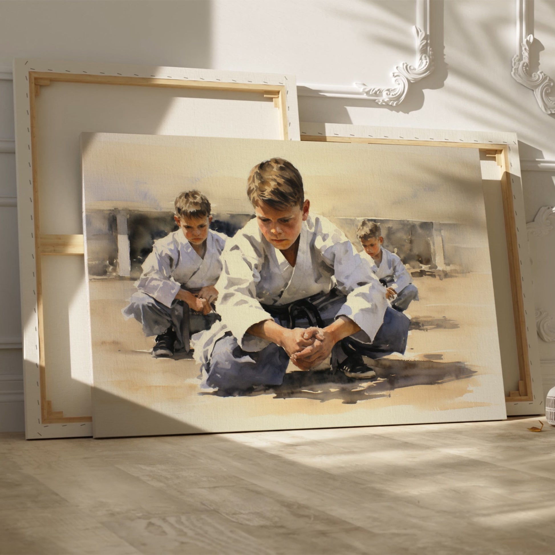 Framed canvas print of young karate students practicing in a dojo setting with warm neutral tones