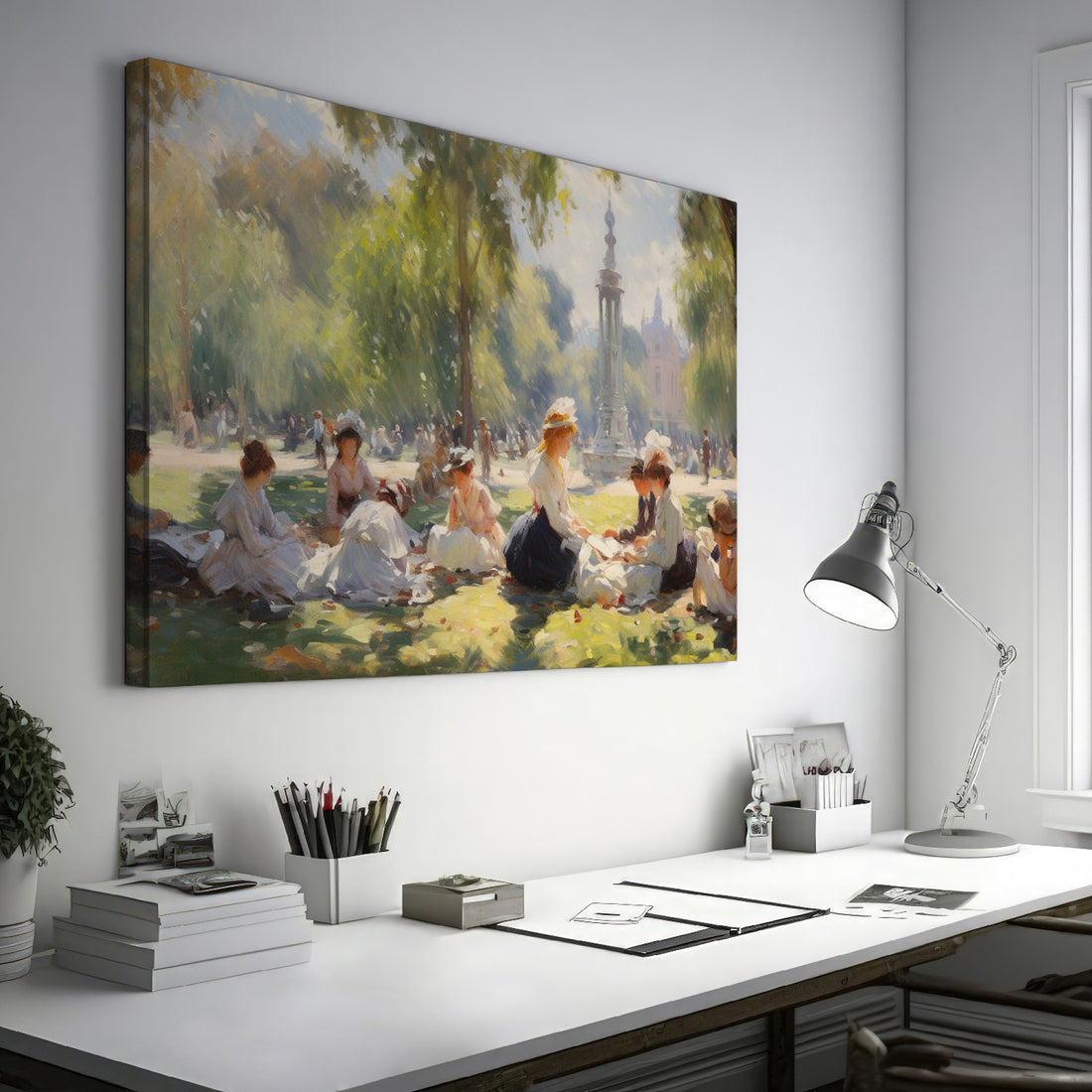 Framed canvas print of a Victorian picnic in a sunlit park with ladies in period attire