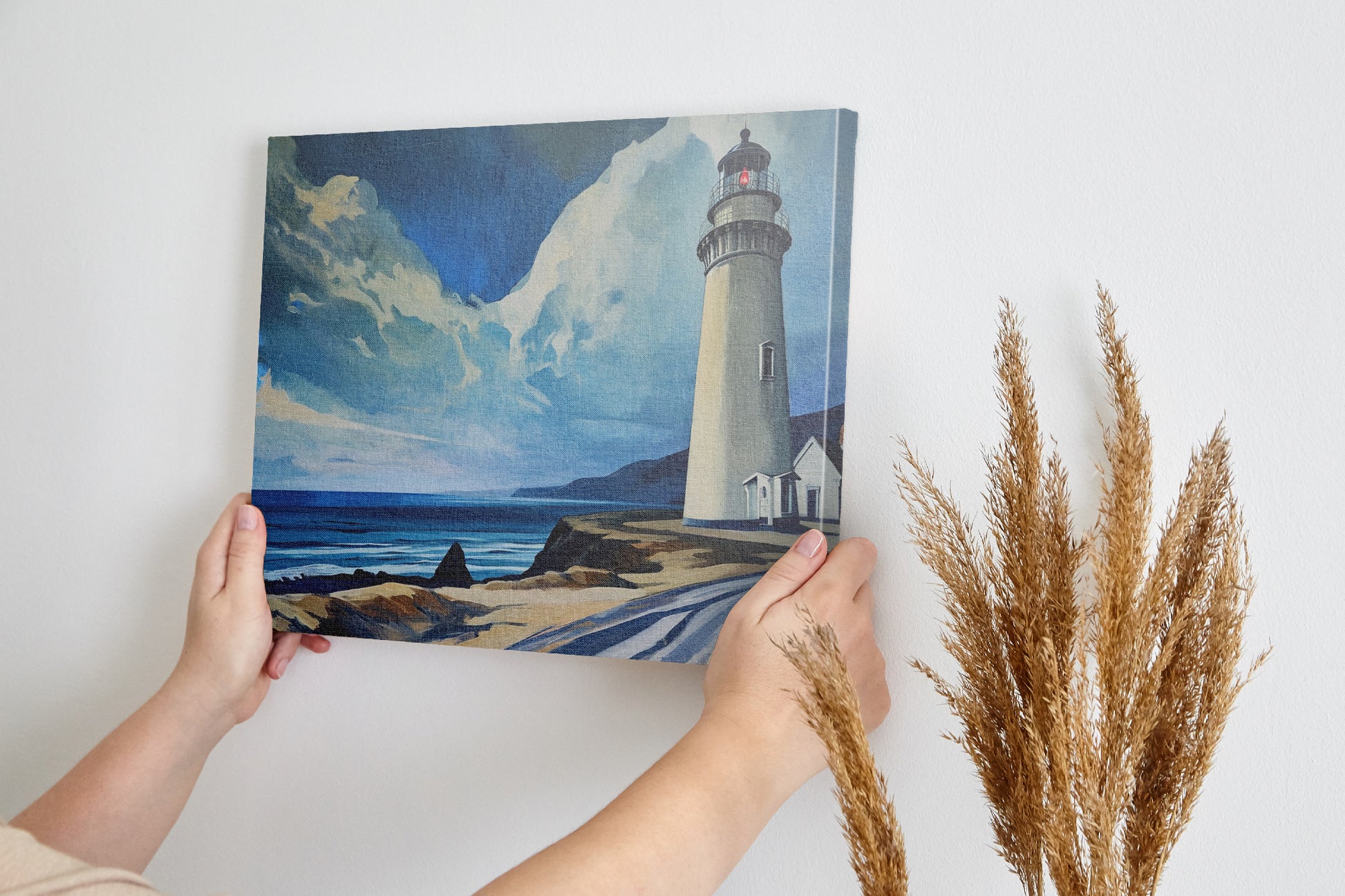 Framed canvas print of a coastal lighthouse with vibrant blue skies and ocean