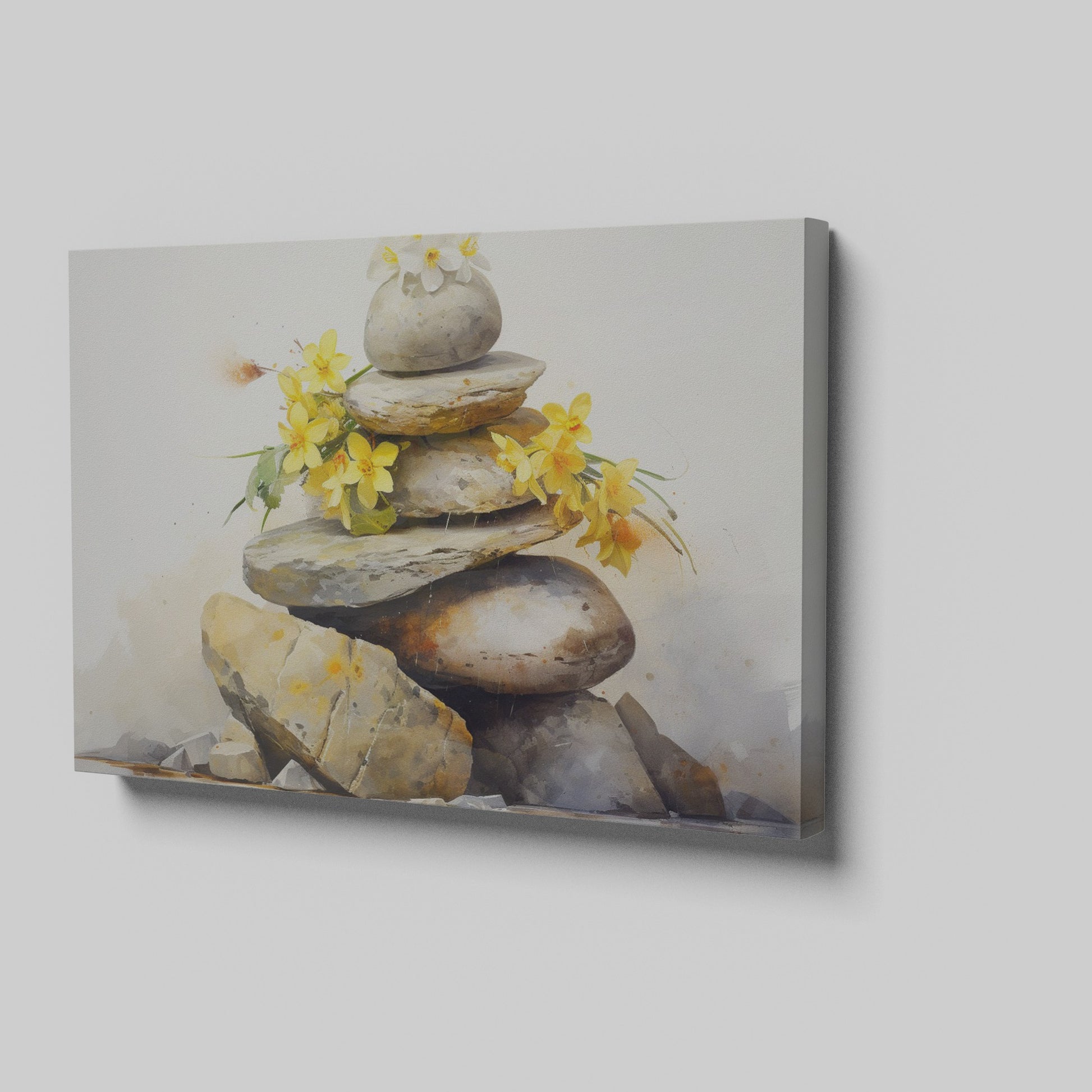 Framed canvas print of Zen rocks stacked with yellow flowers in watercolour