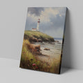 Framed canvas print of an Impressionist painting depicting a lighthouse on a seaside cliff with vivid wildflowers