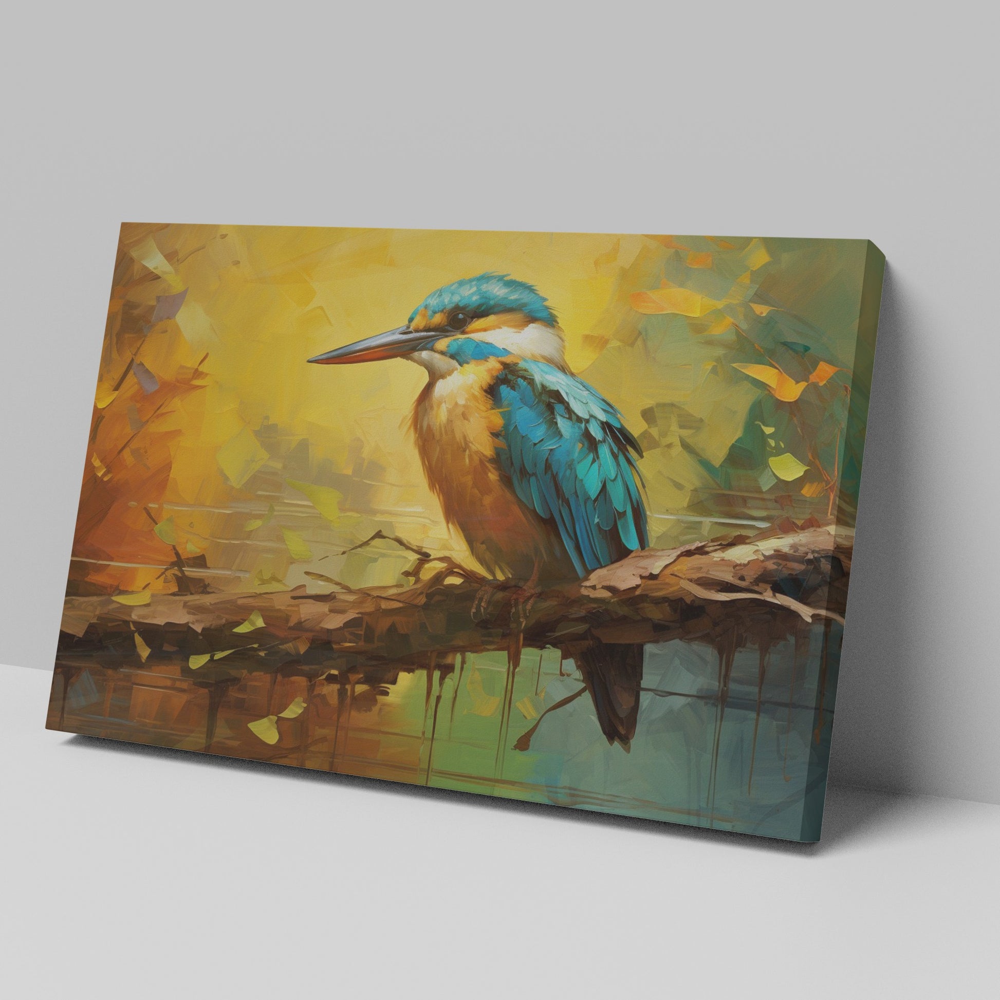 Framed canvas print of a vibrant, colourful impressionistic kingfisher perched on a branch