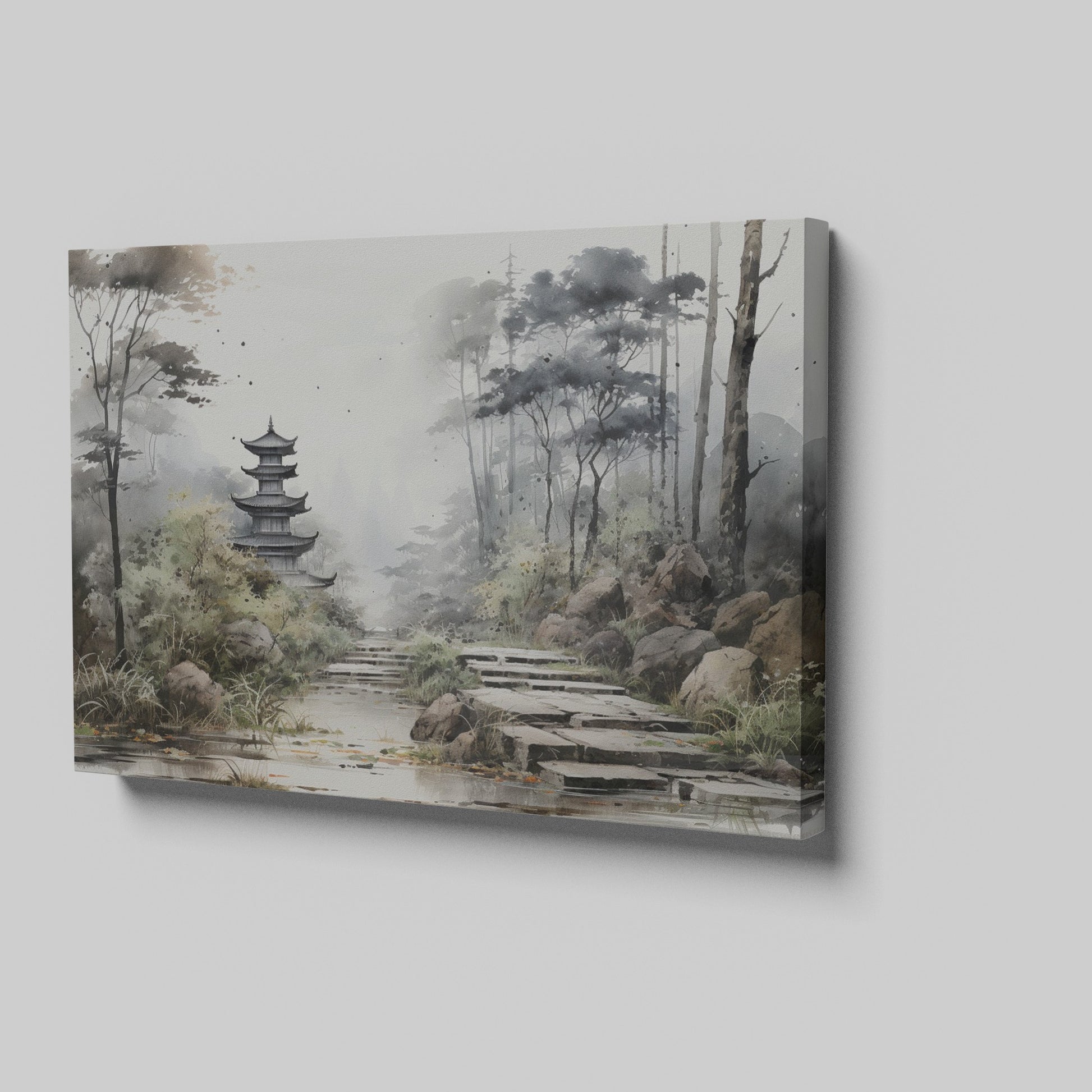 Framed canvas print of a misty oriental landscape with a pagoda and stone path