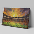 Framed canvas print of an impressionist football stadium with vibrant sunset hues